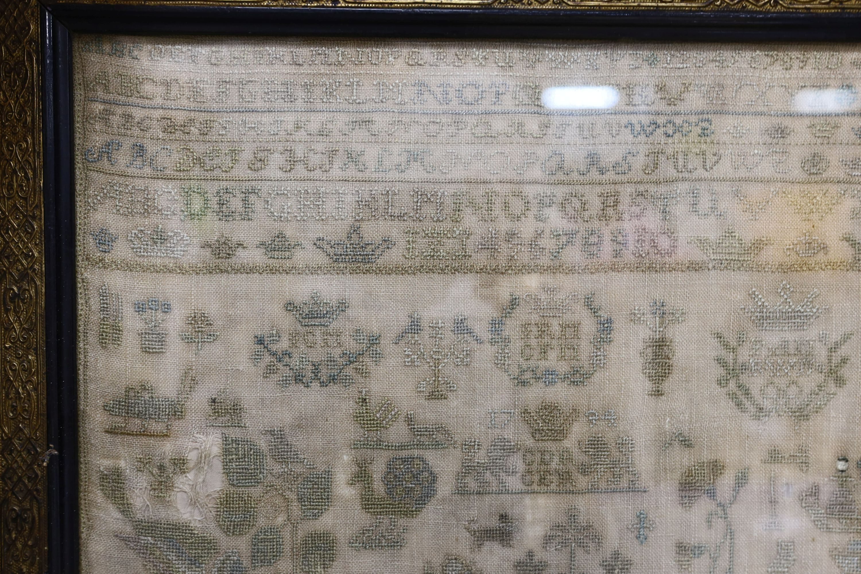 A George III 1794 sampler and a 19th century Jane Alder Shipton sampler. Largest 36x37cm excl frame